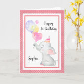 ベビーピンクゾウかわいい誕生日ガールカスタム カード (黄色い花)