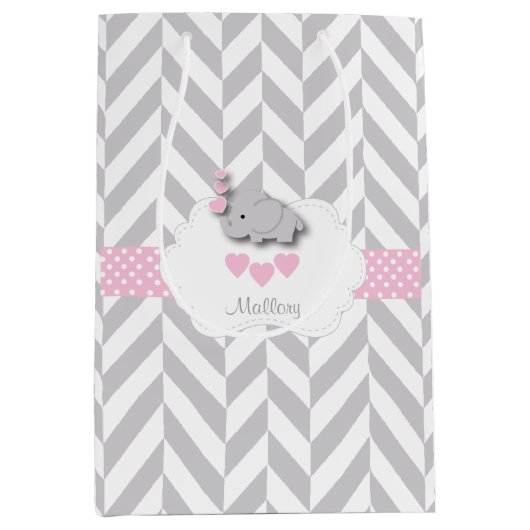 ベビーピンクゾウデザイン – ベビーガールシャワー ミディアムペーパーバッグ (正面)