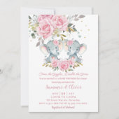 ベビーピンクフローラかわいいゾウ双子ベビーシャワー 招待状 (正面)