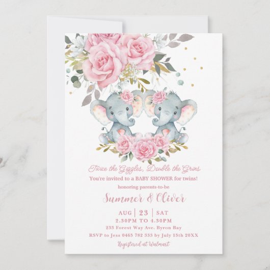 ベビーピンクフローラかわいいゾウ双子ベビーシャワー 招待状 (正面)