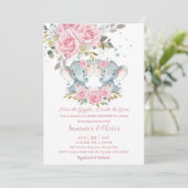 ベビーピンクフローラかわいいゾウ双子ベビーシャワー 招待状 (スタンド正面)