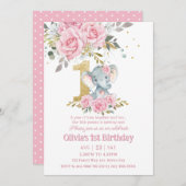 ベビーピンクフローラかわいいゾウ1歳 招待状 (正面/裏面)