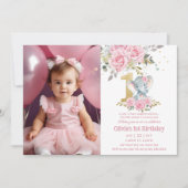 ベビーピンクフローラゾウ1歳の誕生日の写真 招待状 (正面)