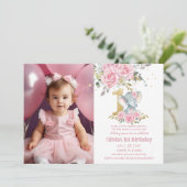 ベビーピンクフローラゾウ1歳の誕生日の写真 招待状 (スタンド正面)