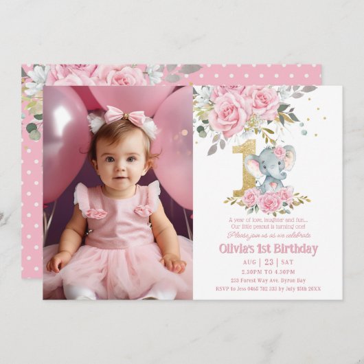 ベビーピンクフローラゾウ1歳の誕生日の写真 招待状 (正面/裏面)