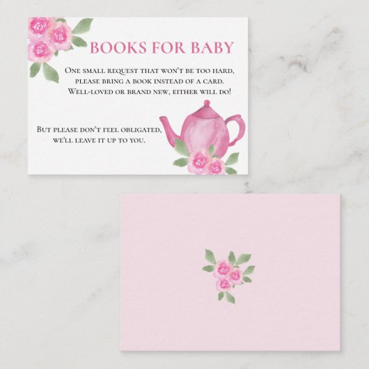 ベビーピンクフローラティーポット赤ちゃんシャワー用の本 エンクロージャーカード (正面/裏面)