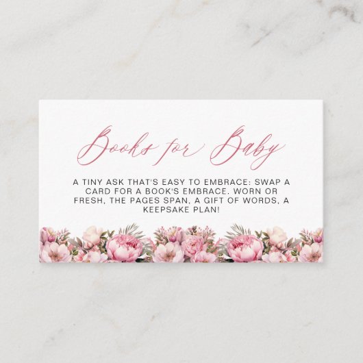 ベビーピンクフローラ牡丹ベビーシャワー用の本 エンクロージャーカード (正面)