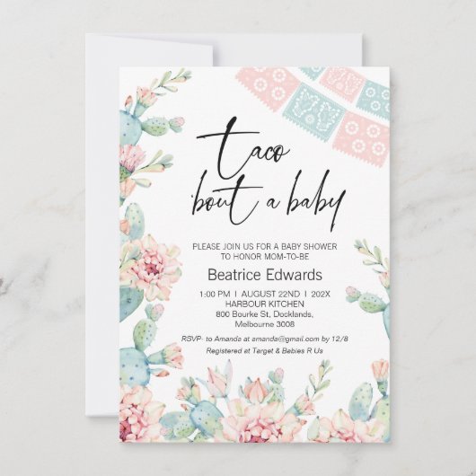 ベビーピンクブルータコでベビーのベビーシャワー 招待状 (正面)