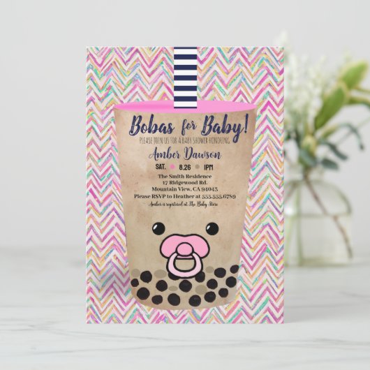 ベビーピンクボバ茶ベビーシャワー用ボバインスパイアス 招待状 (スタンド正面)