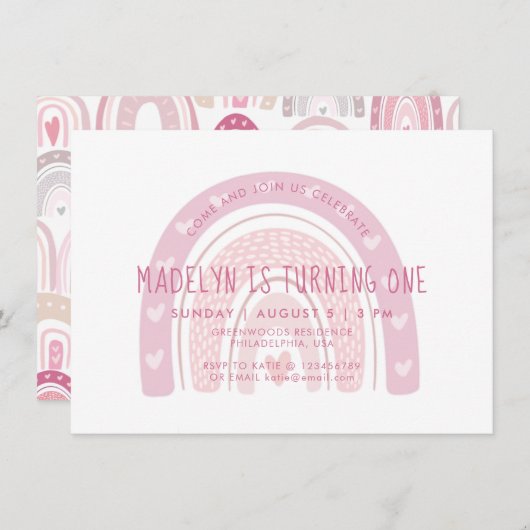 ベビーピンクボホレインボーファースト誕生日 招待状 (正面/裏面)