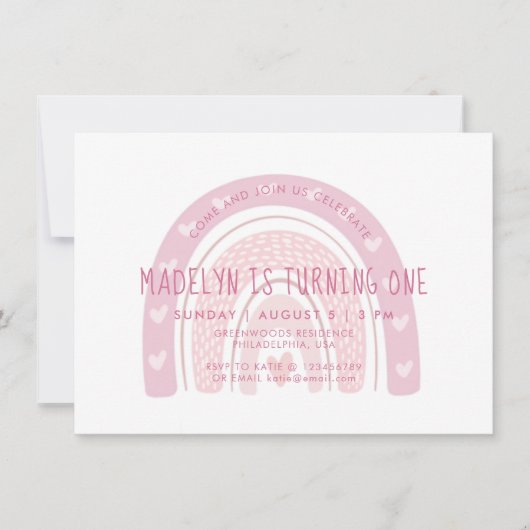 ベビーピンクボホレインボーファースト誕生日 招待状 (正面)