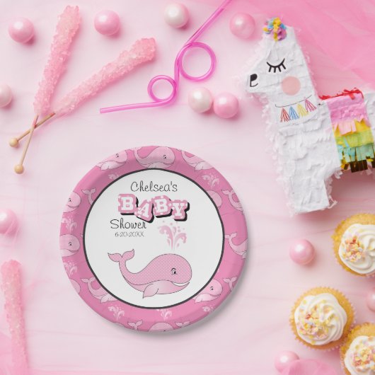 ベビーピンクポルカ点々のあるクジラ |カスタマイズ ペーパープレート (パーティー)