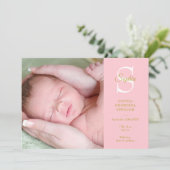 ベビーピンクモノグラム誕生4枚モダン写真 案内状 (スタンド正面)