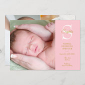 ベビーピンクモノグラム誕生4枚モダン写真 案内状 (正面/裏面)