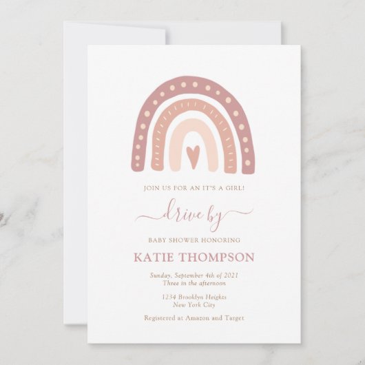 ベビーピンクレインボー赤ちゃんシャワーでドライブする女の子 招待状 (正面)
