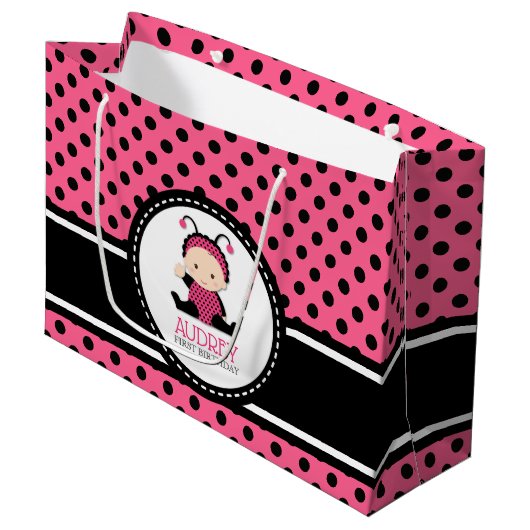 ベビーピンクレディバグ第1誕生日ベビーシャワー ラージペーパーバッグ (正面アングル)
