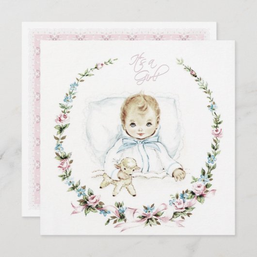 ベビーピンクヴィンテージベビーガールシャワー 招待状 (正面/裏面)