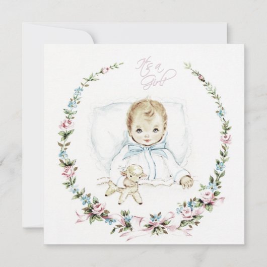 ベビーピンクヴィンテージベビーガールシャワー 招待状 (正面)