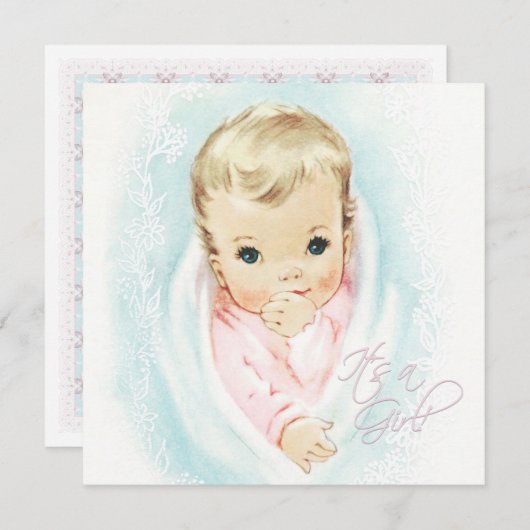 ベビーピンクヴィンテージベビーガールシャワー 招待状 (正面/裏面)