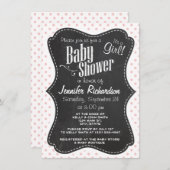 ベビーピンク水玉模様;黒板 招待状 (正面/裏面)