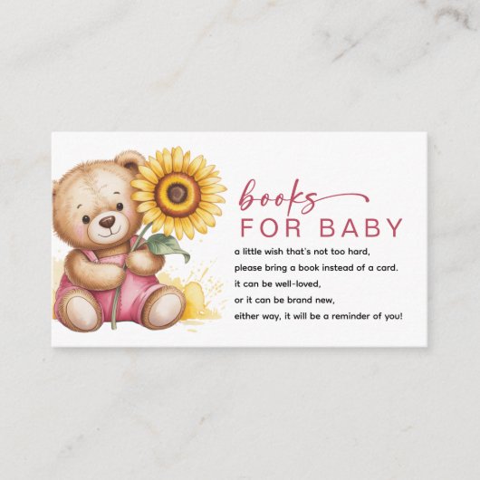 ベビーピンク熊ひまわり赤ちゃんシャワー用の本 エンクロージャーカード (正面)