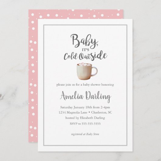 ベビーピンク色のベビーシャワー招待状外は寒い 招待状 (正面/裏面)