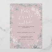 ベビーピンク色の銀色のベビーシャワー外は寒い 箔招待状 (正面)