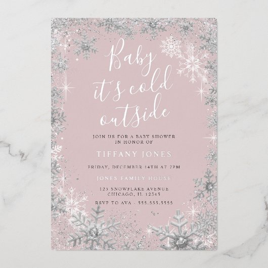 ベビーピンク色の銀色のベビーシャワー外は寒い 箔招待状 (正面)