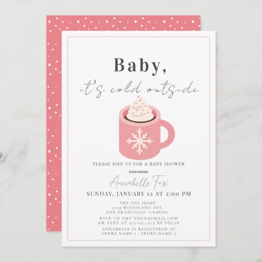 ベビーピンク色ココアベビーシャワー外は寒い 招待状 (正面/裏面)