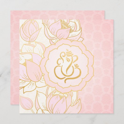 ベビーピンク金ゴールドガネーシュインディアン結婚式招待状 招待状 (正面/裏面)