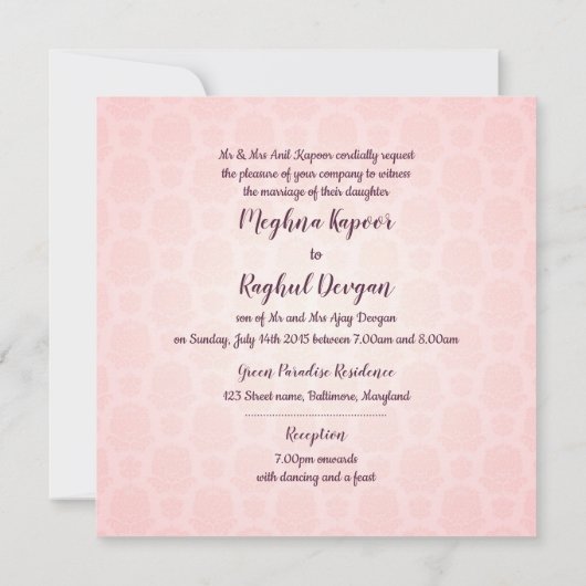 ベビーピンク金ゴールドガネーシュインディアン結婚式招待状 招待状 (裏面)