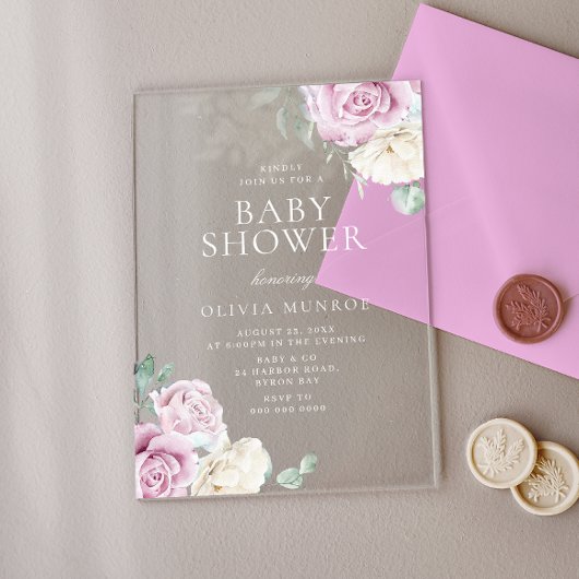 ベビーピンク&ホワイトフローラベビーシャワー アクリル招待状