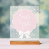 ベビーピンク&ホワイトボウ水玉模様カードとギフト アクリルサイン (ニュートラル)