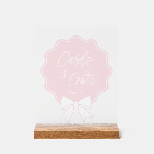 ベビーピンク&ホワイトボウ水玉模様カードとギフト アクリルサイン (正面)