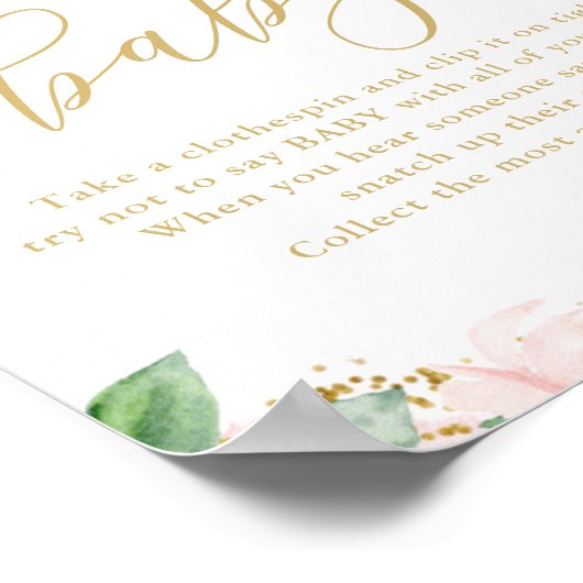 ベビーピンク&金ゴールドフローラ赤ちゃんシャワーゲームと言わない ポスター (角)