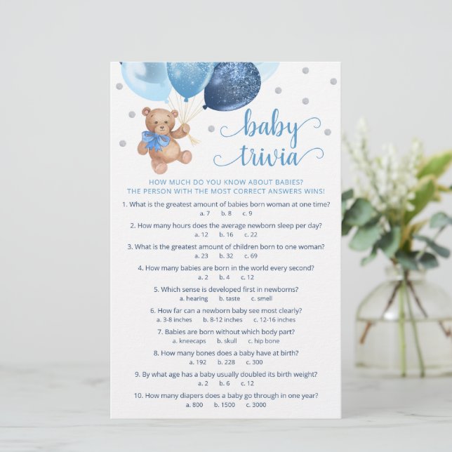ベビーファクツトリビアゲームベビーシャワーテディベア (スタンド正面)