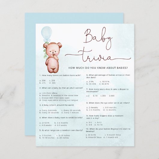 ベビーファクトTriviaゲーム赤ちゃんシャワーテディベア (正面/裏面)