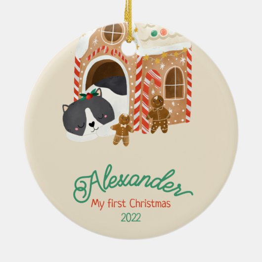 ベビーファーストクリスマスズキャットインアジンジャーブレッドハウス セラミックオーナメント (裏面)