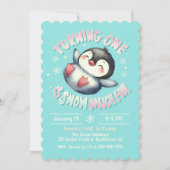 ベビーファースト誕生日キュートウィンターペンギンアクアブルー 招待状 (正面)