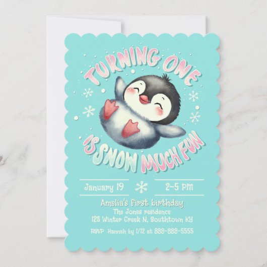 ベビーファースト誕生日キュートウィンターペンギンアクアブルー 招待状 (正面)
