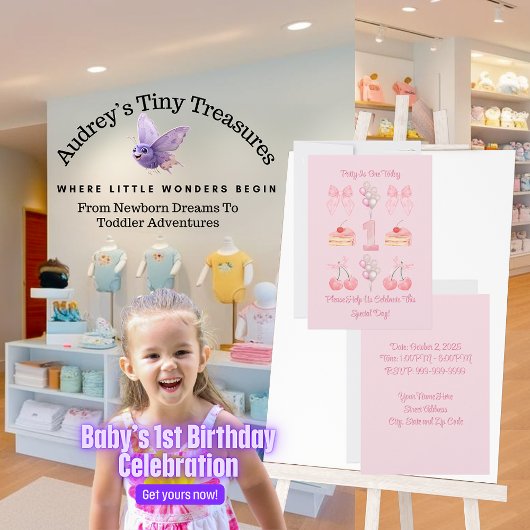 ベビーファースト誕生日パステルピンクボウズ招待状 招待状