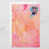 ベビーフェアリーと鳩のキラキラ，ピンクの金ゴールド 便箋 (正面/裏面)