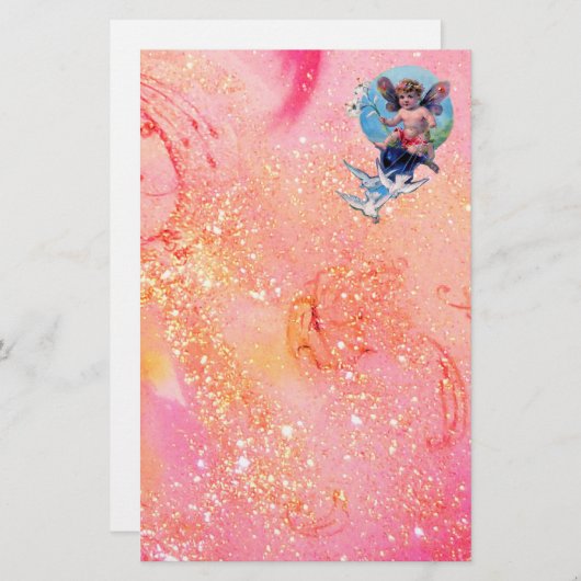 ベビーフェアリーと鳩のキラキラ，ピンクの金ゴールド 便箋 (正面/裏面)