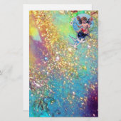 ベビーフェアリーと鳩のキラキラ，青い緑の金ゴールド 便箋 (正面/裏面)