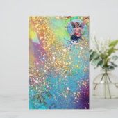 ベビーフェアリーと鳩のキラキラ，青い緑の金ゴールド 便箋 (スタンド正面)