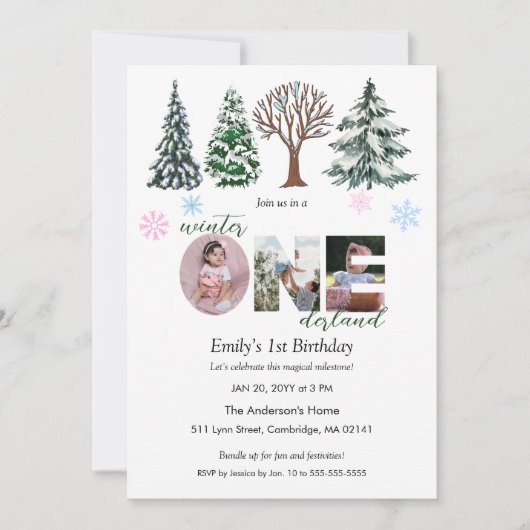 ベビーフォトウィンターワンダーランドファースト誕生日 招待状 (正面)