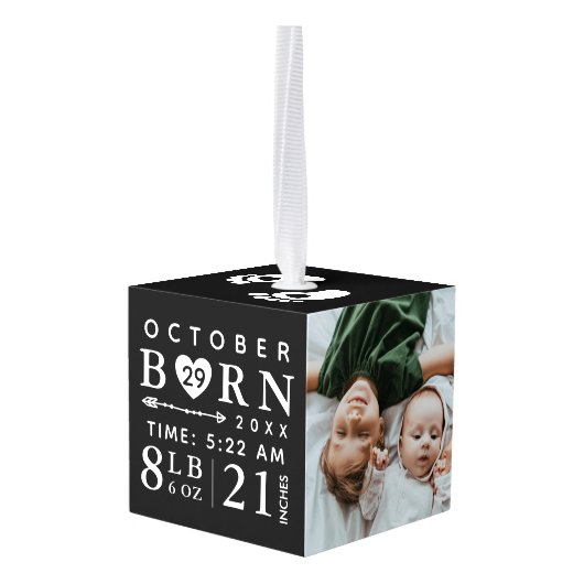 ベビーフォトキープサケ&誕生統計ブラックモノグラム キューブオーナメント (裏面アングル)