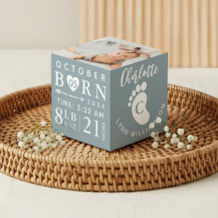 ベビーフォトキープサケ&誕生統計ブルーモノグラム フォトキューブ