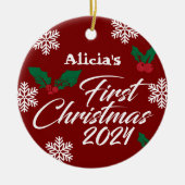 ベビーフォトクリスマスバンニーズのフレーム セラミックオーナメント (正面)