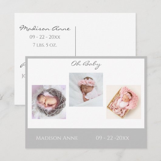 ベビーフォトグレーボーイまたはガールスクリプト統計誕生 案内ポストカード (正面/裏面)